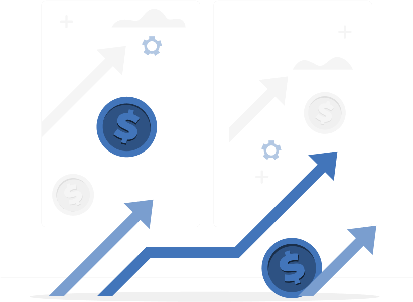Business Growth and Analytics Illustration with Dollar Signs and Upward Trending Arrows